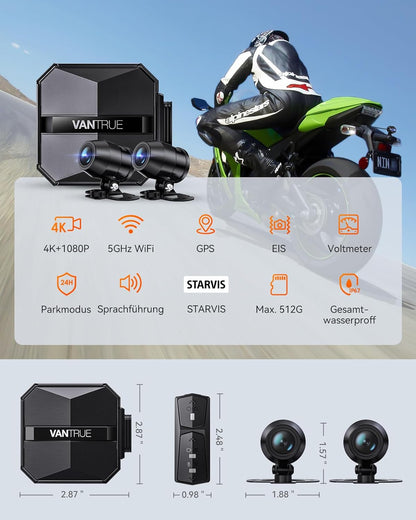 VANTRUE F1 4K + 1080P dashcam motorfiets, 5GHz WiFi GPS dashcam voor en achter, IP67, Duitse stemaanwijzingen motorcamera, 24 uur. Botsingsdetectie, Kilometerstand, WDR & HDR & App, Maximaal 512G
