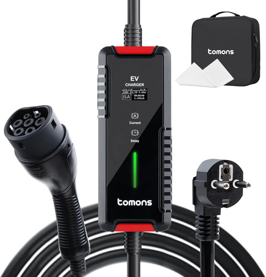 tomons Oplader voor elektrische auto, type 2, 3,5 kW, 16 A, 6 m, instelbare stroom 6/8/10/13/16 A, IP66, draagbare oplader voor EV's en PHEV's, mobiele wandbox, met led-display en vertragingsfunctie.