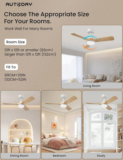 Houten plafondventilator met licht, 30 W, ultra-stille DC-motor, diameter 90 cm, met 3 omkeerbare vleugels, afstandsbediening met geheugenfunctie, 6 snelheden, dimbaar, plafondventilator
