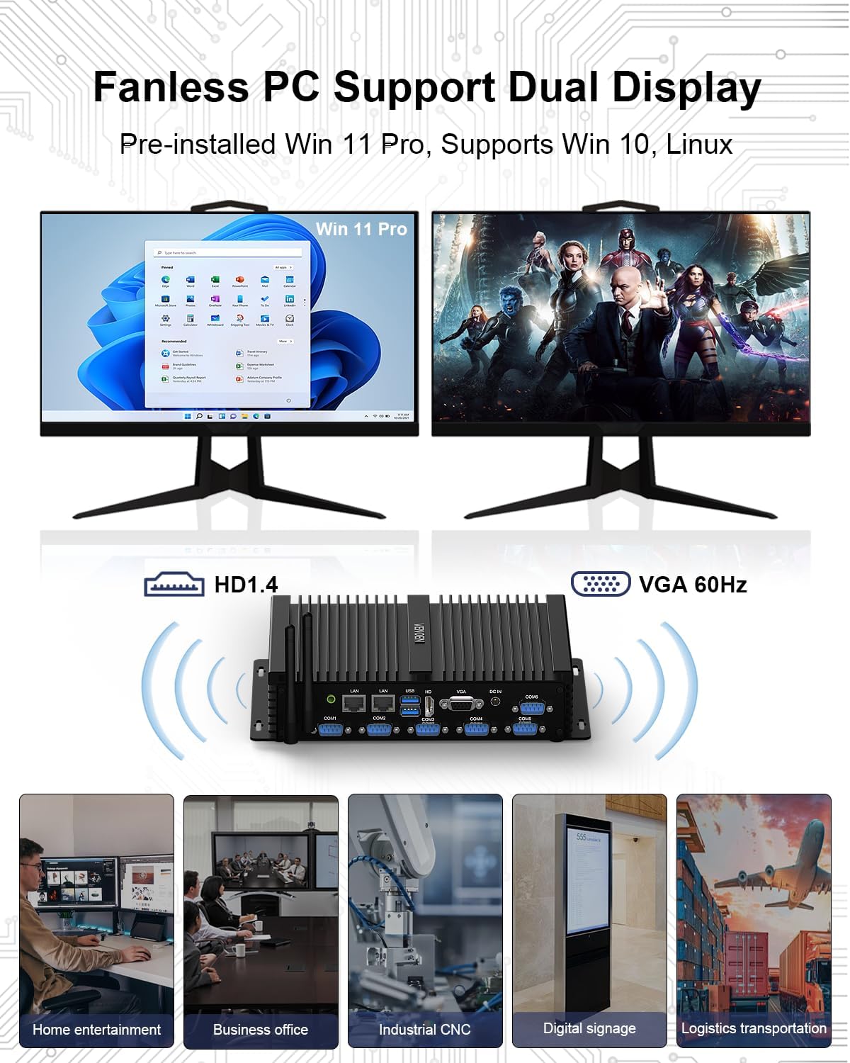 VENOEN Industrial Mini PC, Fanless PC I7, Industrial Computer, Core i7 8550U, W11 Pro, HD1.4, VGA, Dual Display, 6 RS232 COM, RJ45 LAN, USB, SIM slot, WLAN, BT4.0, WOL, RAID, 16GB RAM 512GB - QUORE