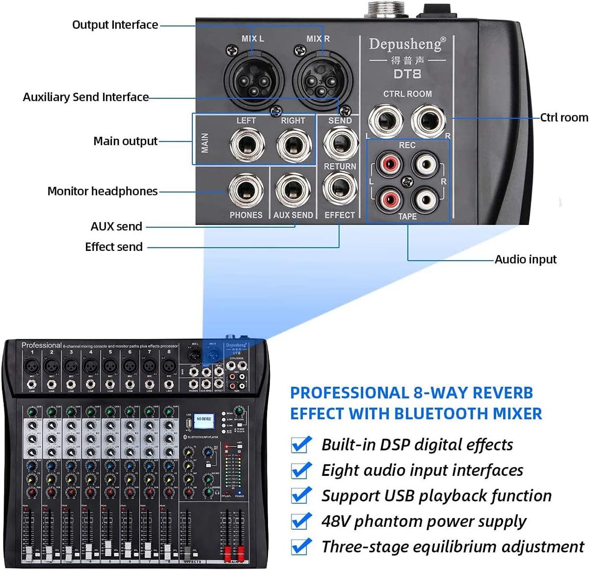 8-Kanaals Mixer Zwart – Mengpaneel, Mengtafel, Geluidsmixer, Mixconsole – Bluetooth, USB En MP3 – 48V Fantoomvoeding En 3-Bands EQ