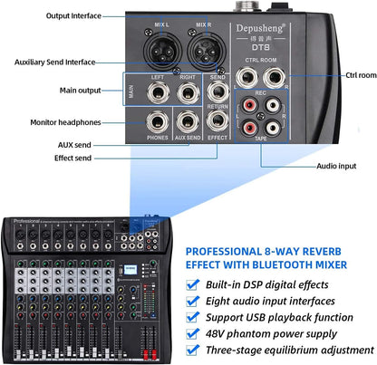 8-Kanaals Mixer Zwart – Mengpaneel, Mengtafel, Geluidsmixer, Mixconsole – Bluetooth, USB En MP3 – 48V Fantoomvoeding En 3-Bands EQ