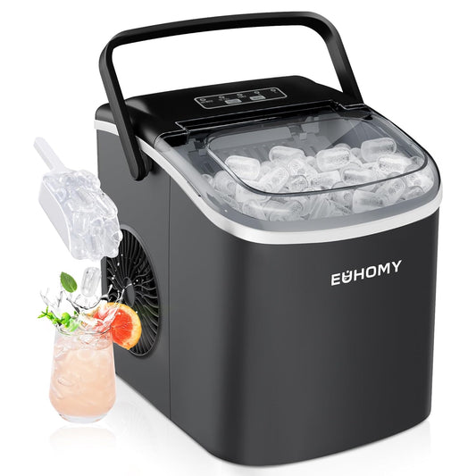 EUHOMY IJsblokjesmachine 12 kg/24 uur, 9 ijsblokjes in 6 minuten, zelfreinigende ijsmachine, met handvat, schep, mand, zwart, 45 dB