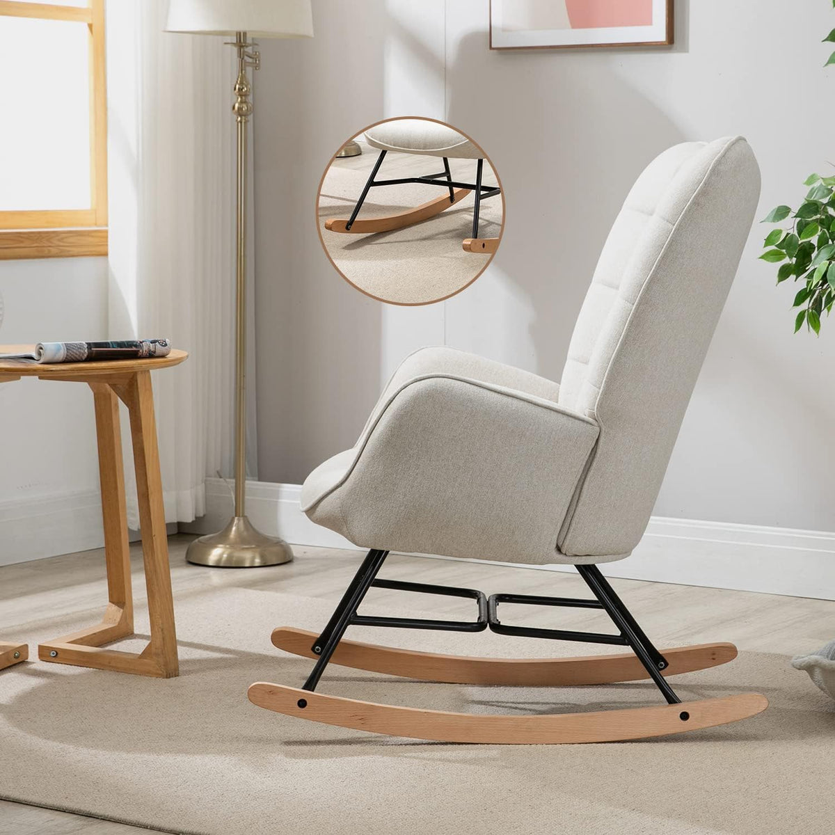 MEUBLE COSY Schommelstoelen, Scandinavië Borstvoeding schommelstoel stoel woonkamerstoel met E'-poten Hout Metaal en gevoerde zitting, 66x84x97cm