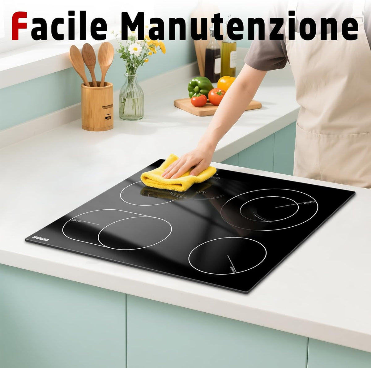 Karinear Keramische kookplaat 4 platen 60cm, tiptoetsen, 1-90 minuten timer, 9-standen verwarming, automatische uitschakeling, kinderslot, zwart
