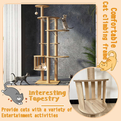 Mdpetpops Kattenkrabpaal, 183 cm, groot, met 4 capsules, jute krabzuil, ladder, hol, kattenspeelgoed, kattenkrabpaal. (houtkleur YN-105)