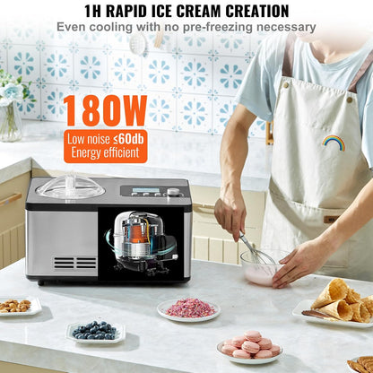 VEVOR Elektrische ijsmachine voor thuis, inhoud 2 l, ca. 180 W, elektrische ijsmachine met lcd-display, snelle bereiding zonder voorvriezen voor ijs, Sorbetti Frozen Yoghurt