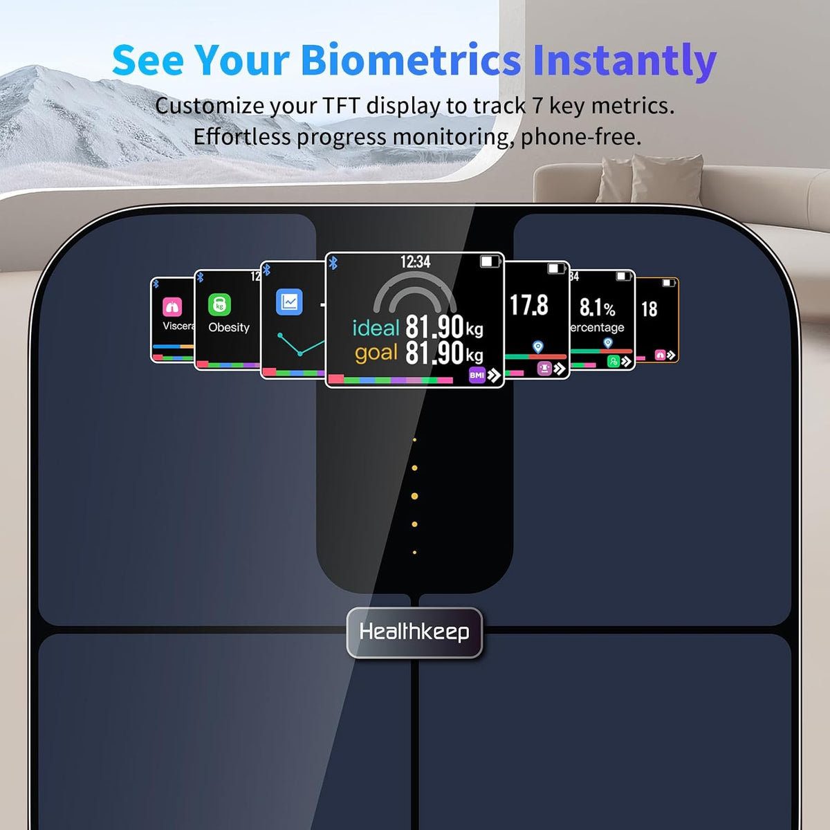 Healthkeep Personenweegschaal met Bluetooth, met TFT-kleurendisplay en ITO-technologie, 25 lichaamsgegevens met hartslag, app voor Andriod en iOS 180 kg/400 lb/28 st, blauw