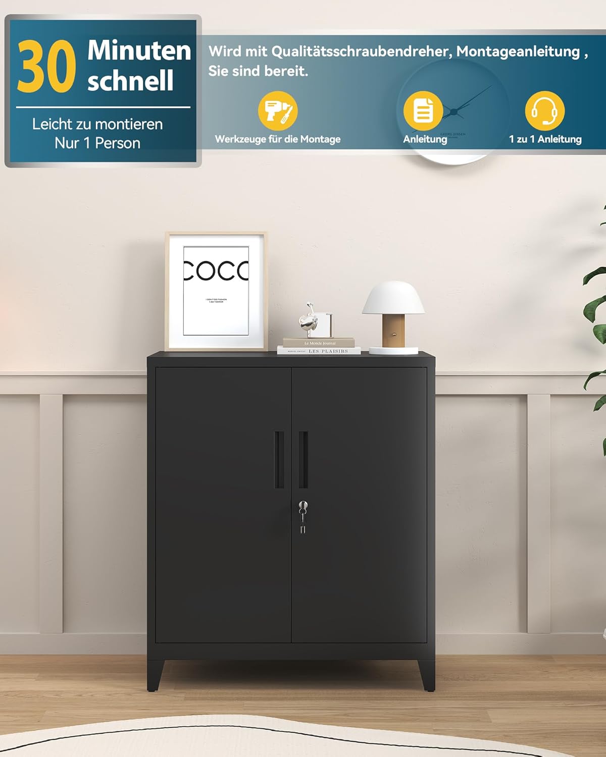 Dossierkast, afsluitbare garagekast, 2-laags kantoorkast, werkplaatskast met verstelbare planken, voor kantoor, garage en huishoudkamer, 40 x 80 x 100 cm, Zwart