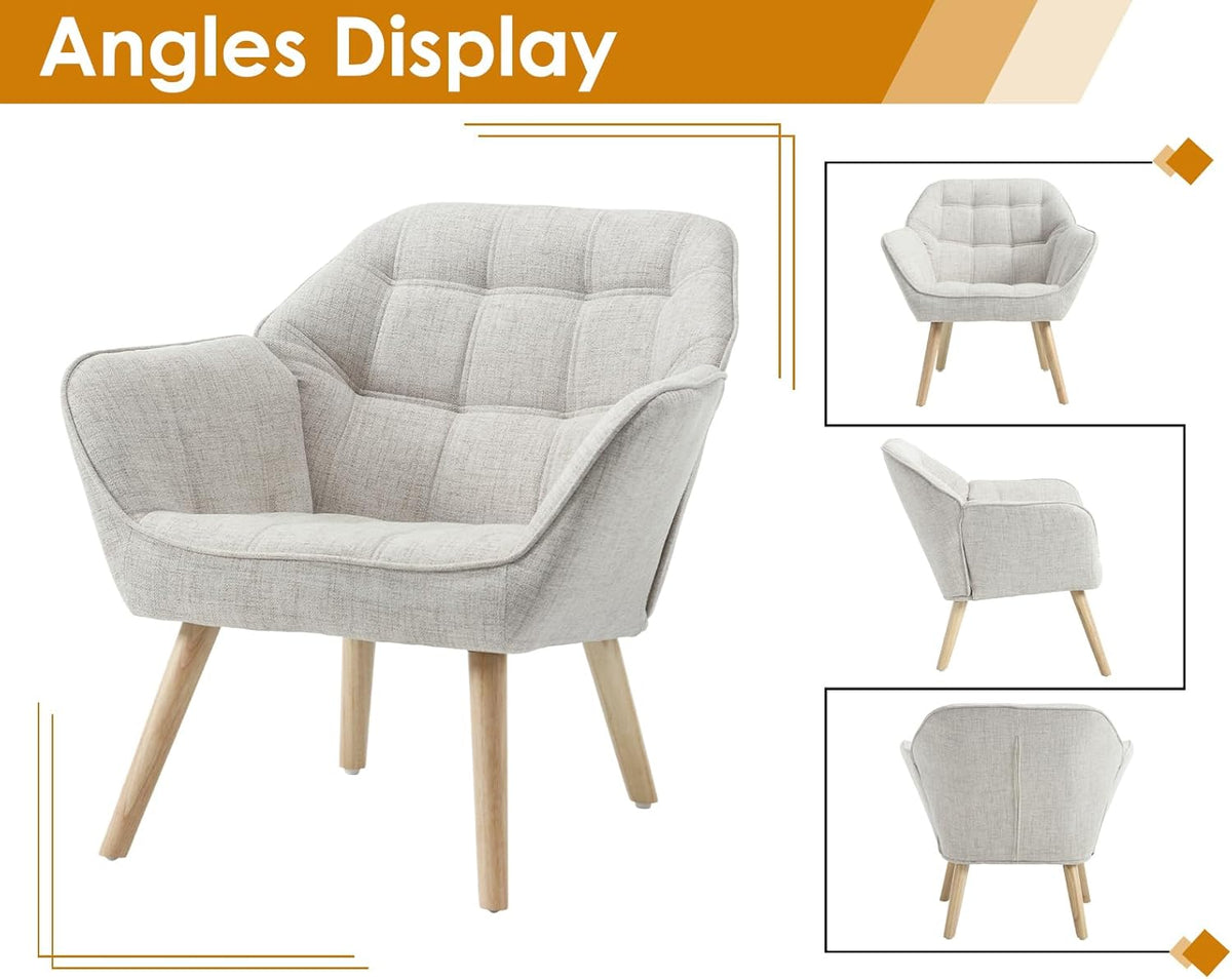 chairus Upholstered Tub Chairs Linen Single Sofa Accent Chair for Living Room Modern Recliner Cocktail Chair with Wooden Legs (Beige-1)