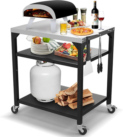 GFTIME Pizza tafelwagen voor Ooni, Ninja Woodfire, Blackstone Griddle, Weber Q, grote rollende keukeneiland-multifunctionele wagen, outdoor grillstandaard, roestvrij staal, grilltafel, grillwagen met
