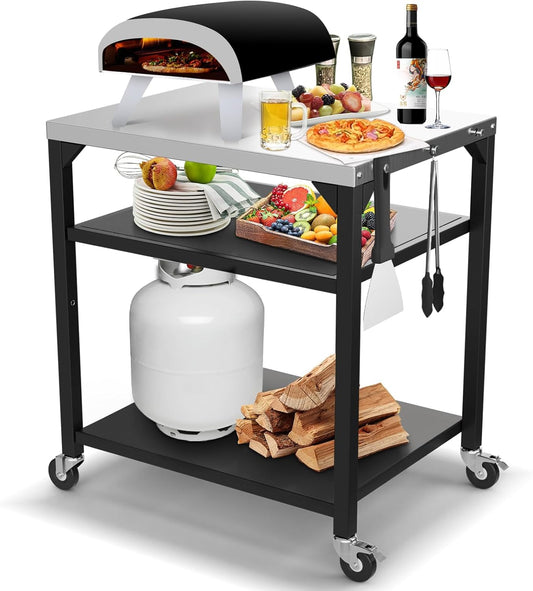 GFTIME Pizza tafelwagen voor Ooni, Ninja Woodfire, Blackstone Griddle, Weber Q, grote rollende keukeneiland-multifunctionele wagen, outdoor grillstandaard, roestvrij staal, grilltafel, grillwagen met