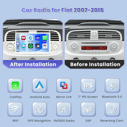 8 Noyau/4G+64G/DSP Autoradio Android pour Fiat 500 2007-2015 Blanc avec CarPlay Android Auto Sans Fil, 7" écran Tactile avec BT GPS WiFi RDS FM USB 59UI+Caméra de Recul+MIC
