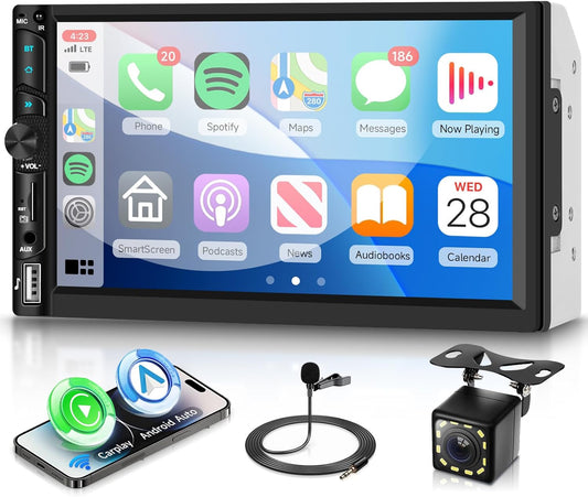 VECHTEL Autoradio, 2 Din met draadloze Carplay Android auto, 7 inch IPS HD touchscreen, autoradio, ondersteuning bluetooth, FM-radio, USB/TF/AUX spiegellink, achteruitrijcamera, afstandsbediening