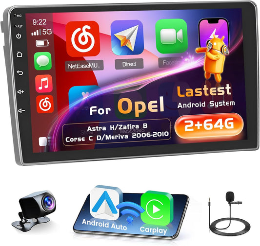 2+64G Android CarPlay Radio for Opel Astra H/Zafira B/Corsa C D 2006-2010, 9 Inch Touch Screen with CarPlay and Android Auto, Support GPS Navigation Link Mirror RDS Wi-Fi DSP - QUORE