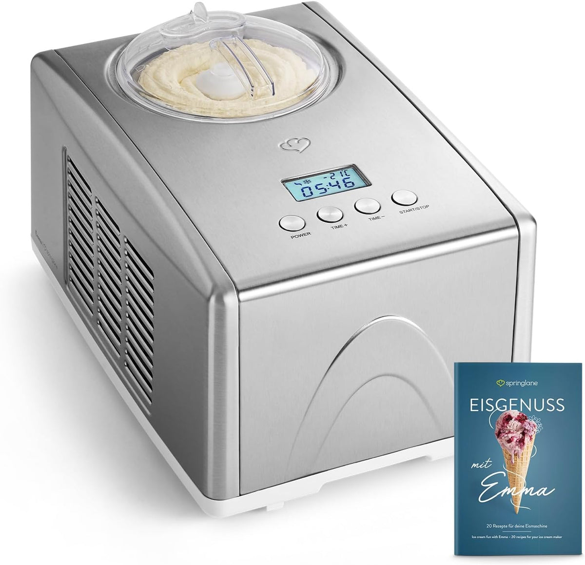 Springglanse ijsmachine Emma 1,5 l met zelfkoelende compressor 150 W, ijsmachine van roestvrij staal met uitneembare ijshouder, incl. receptenboekje