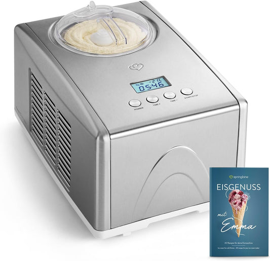 Springglanse ijsmachine Emma 1,5 l met zelfkoelende compressor 150 W, ijsmachine van roestvrij staal met uitneembare ijshouder, incl. receptenboekje