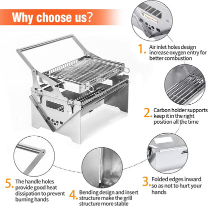 Barbecuegrill, draagbare barbecuegrill voor buiten, roestvrijstalen houtskoolgrill, opvouwbare BBQ-roker voor picknick, tuin, terras, camping, reizen, wandelen