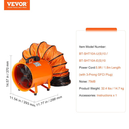 VEVOR Draagbare ventilatorventilator, 10 inch 380 W 1893 CFM Heavy Duty Cilinder axiale uitlaatventilator met 33ft kanaalslang, industriële ventilator voor ventileren werkplaatsen, besloten ruimte