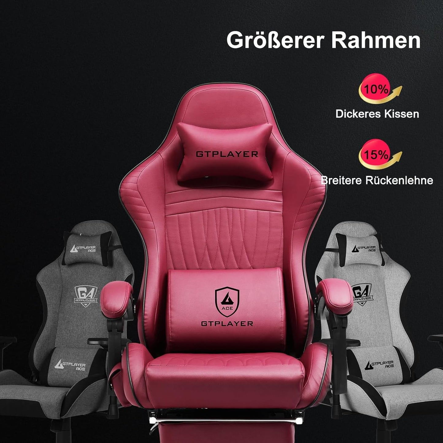 GTPLAYER Ergonomic Gaming Chair, Office Chair, Racing Chair with Footrest and Speakers, Load Up to 150 kg, Red - QUORE