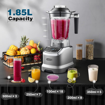 AMZCHEF 2 IN1 Blender met Kan van 1850 ml en 600 ml voor Twee Mengstanden - 2000 Watt Smoothie Blender met Stamper en 6 Professionele Messen 22000 Omwentelingen - Grijs