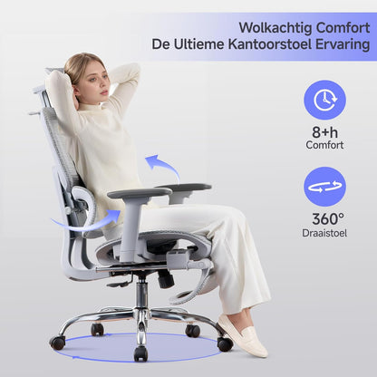 Ergonomische Bureaustoel met Voetensteun - 5-Zones Verstelbare Rugleuning, 2D Lendensteun, 3D Arm-/Hoofdsteun, 145° Kantelfunctie + Ademend Net voor Kantoor/Thuiswerk/Studie, Grijs