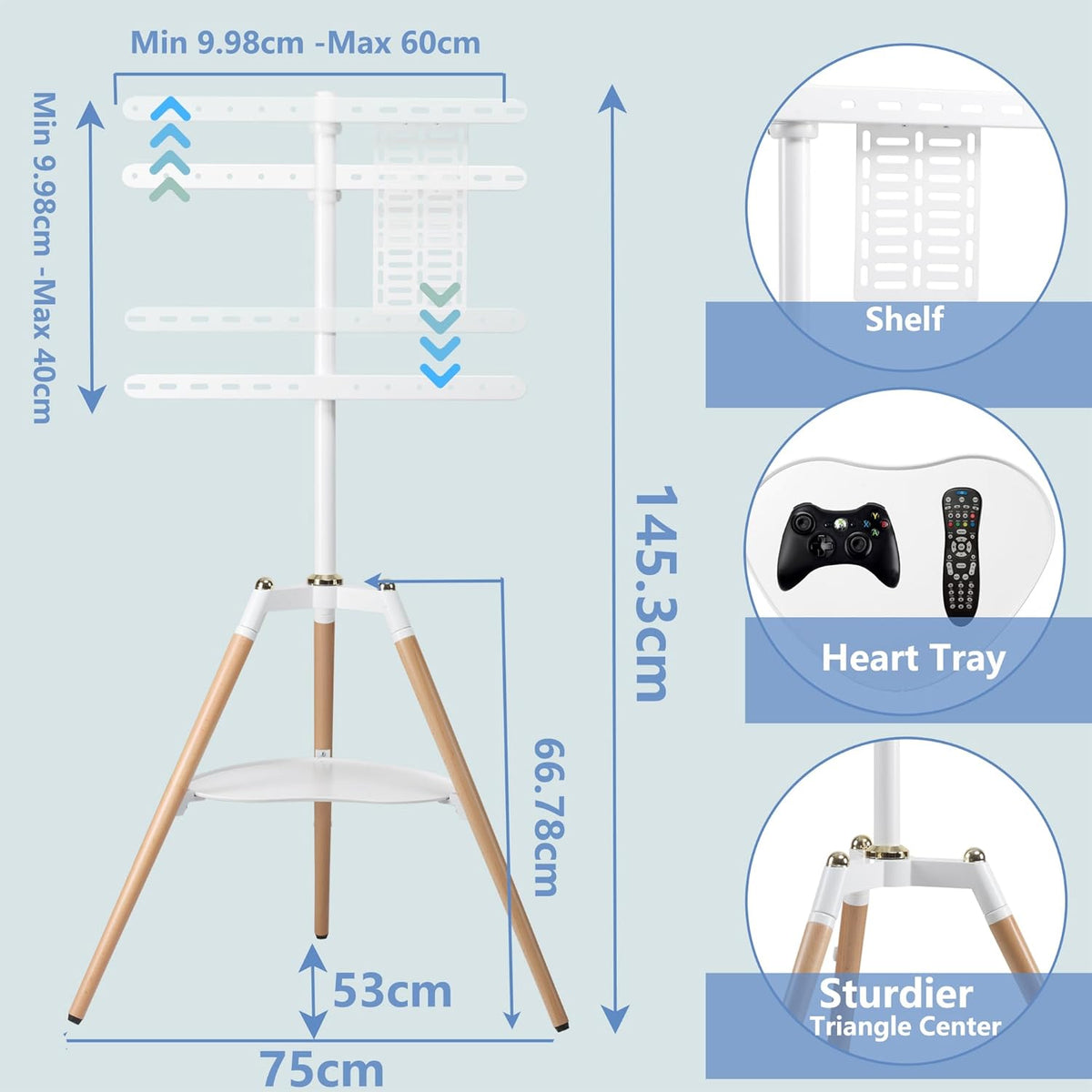 ETHU Tripod TV-standaard houten tv-schildersezel voor 32-65 inch televisie, in hoogte verstelbare tv-vloerstandaard met media-plank voor led/lcd-schermen, tv-standaard met 140° zwenkfunctie, VESA, 600