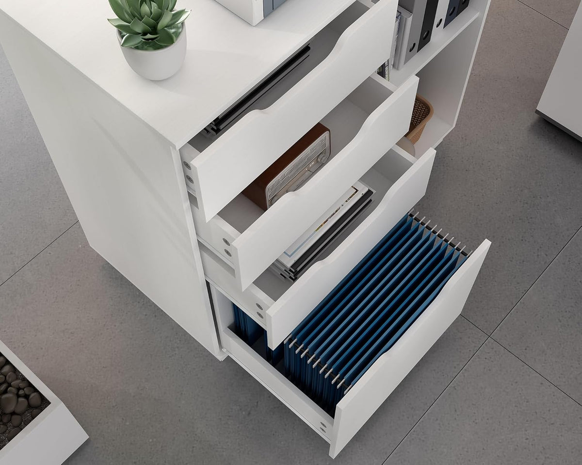 EasyPAG Houten zijarchiefkast met 4 laden, A4-formaat formaat hangmap, archiefkast, printerstandaard met open opbergplank voor kantoor en thuis, wit