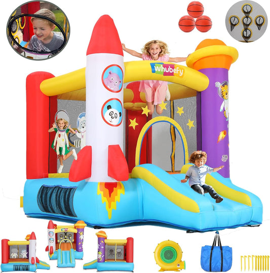 Opblaasbaar slot voor kinderen (2-8 jaar), opblaasbaar slot met ventilator, astronautenspeelplaats en schietruimte, raketkasteel voor binnen- en buitenfeesten