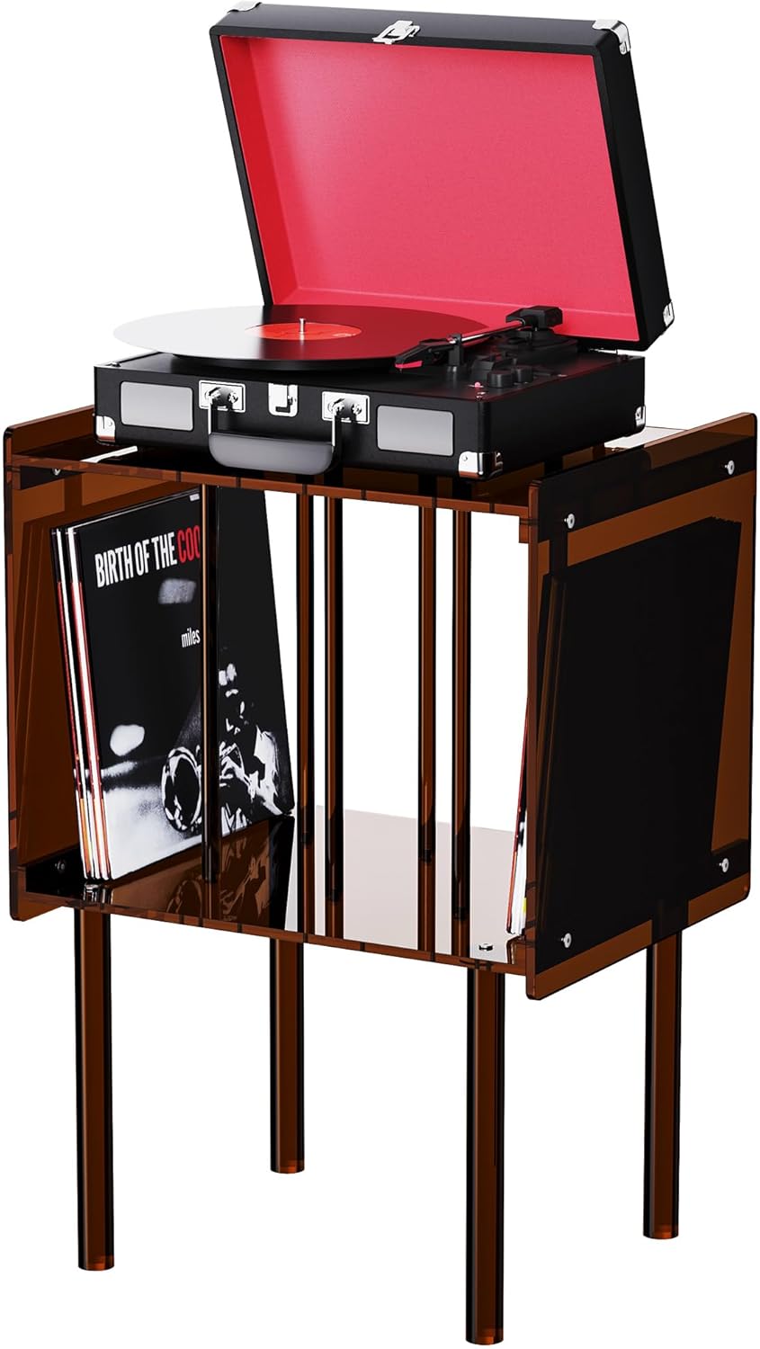Acryl Platenspeler Standaard – Draaitafelstandaard – Bijzettafel – Nachtkastje – Vinyl Opbergtafel – Donkerbruin – Met Vinylopslag – 40 x 35 x 66 cm