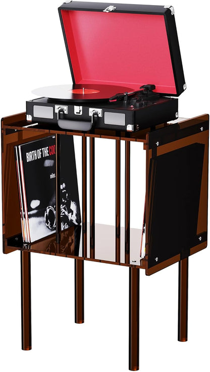Acryl Platenspeler Standaard – Draaitafelstandaard – Bijzettafel – Nachtkastje – Vinyl Opbergtafel – Donkerbruin – Met Vinylopslag – 40 x 35 x 66 cm