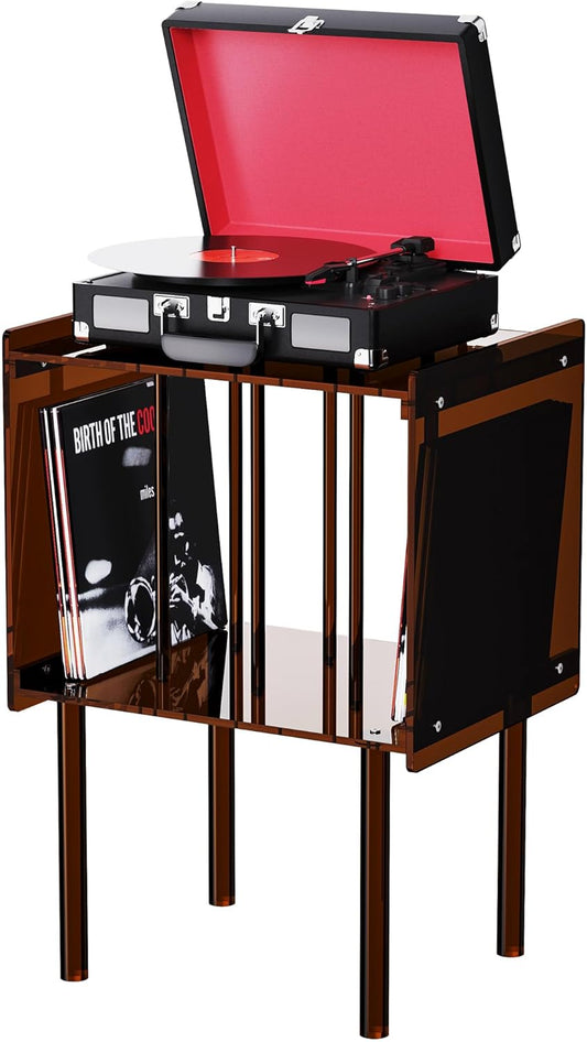 Acryl Platenspeler Standaard – Draaitafelstandaard – Bijzettafel – Nachtkastje – Vinyl Opbergtafel – Donkerbruin – Met Vinylopslag – 40 x 35 x 66 cm
