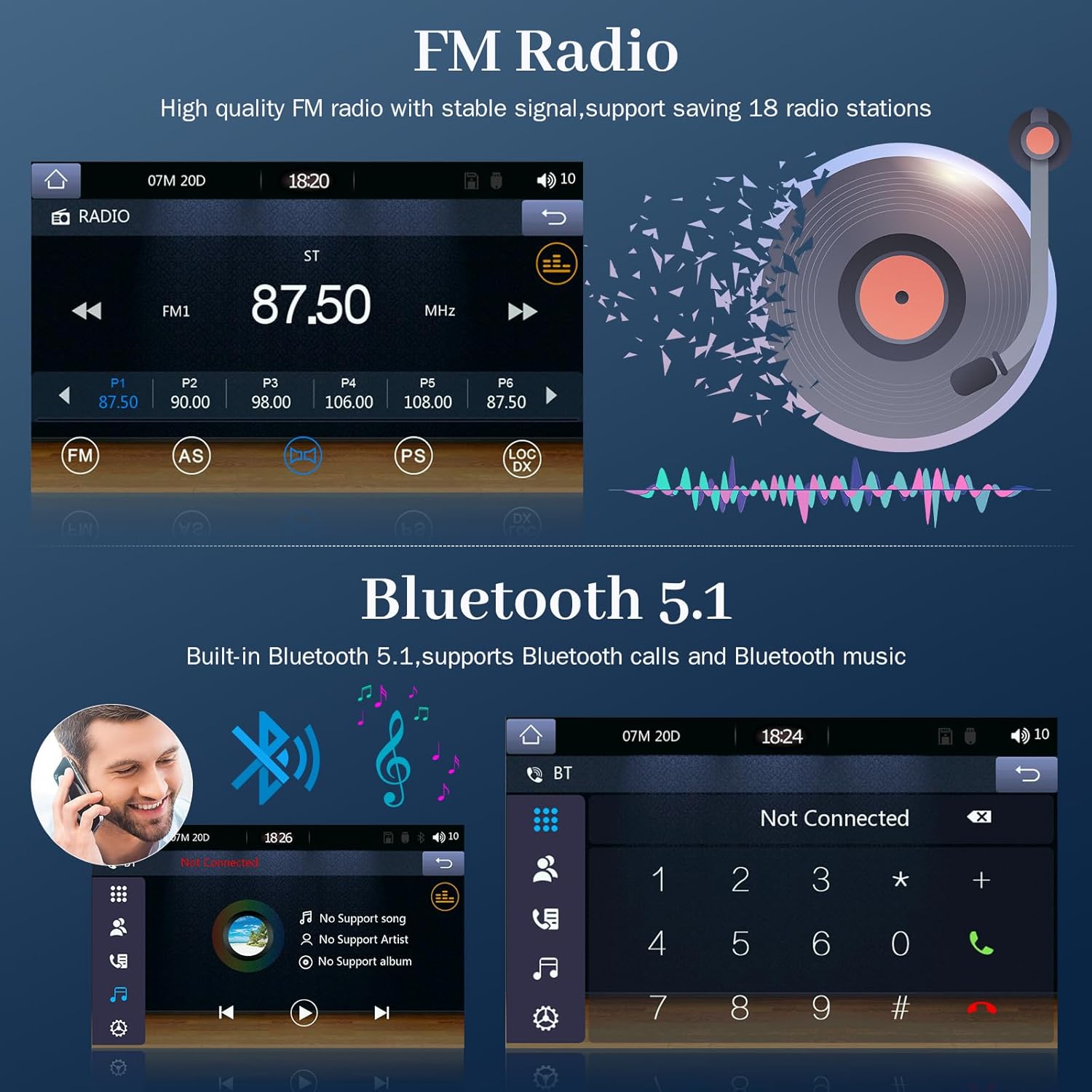 1 Din Car Radio with Extendable Display with Wireless Carplay and Android Car - 7 Inch Car Radio Carplay Support Mirror Link USB Type C + AHD Rear Camera and Remote Control - QUORE