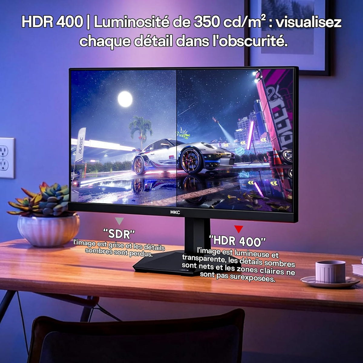 HKC 24 inch gamingmonitor, Full HD (1920 × 1080), 240 Hz Fast IPS, 1 ms, HDR400, 90% DCI-P3, tot 260 Hz overklokt, VESA 100 × 100, blauw lichtfilter, HDMI 2.0 & DisplayPort 1.4