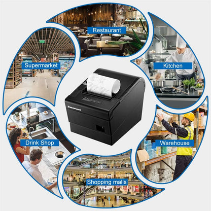 Excelvan Thermische printer, 80 mm, 300 mm/s, hoge snelheid, draagbaar, automatisch, met seriële poort, USB-poort, ladedeur, voor restaurant ESC/POS Shop
