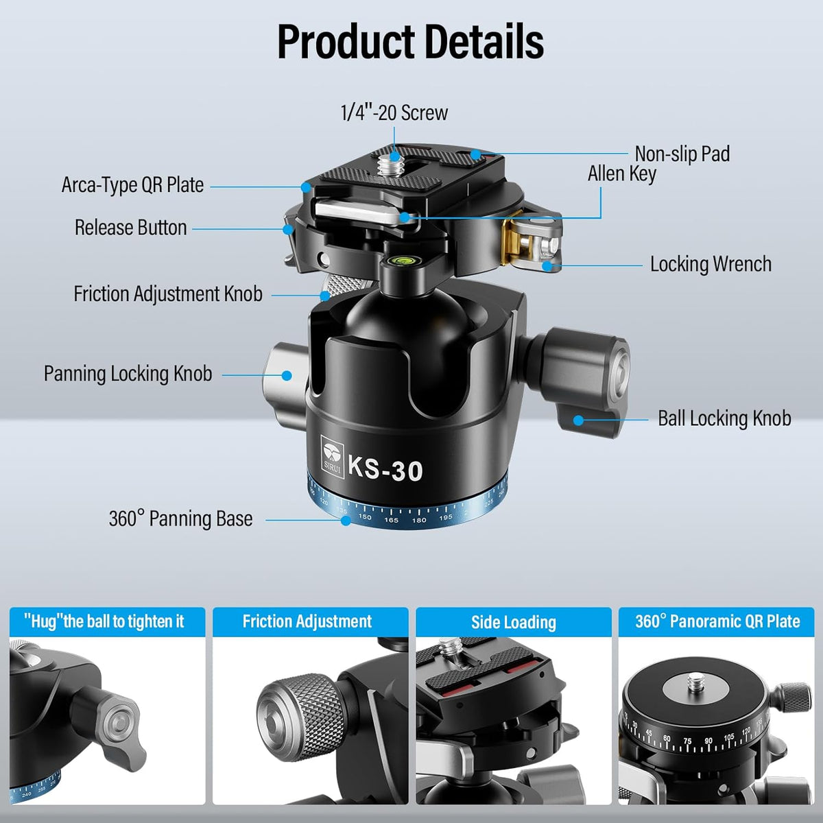 SIRUI 36mm Low Profile Ball Head KS-30, 360° Double Panoramic Aluminium Alloy Tripod Head for Camera, Camcorder, Professional Heavy Duty Ball Head for Tripod, Monopod, Camera Slider, Max Load 20KG