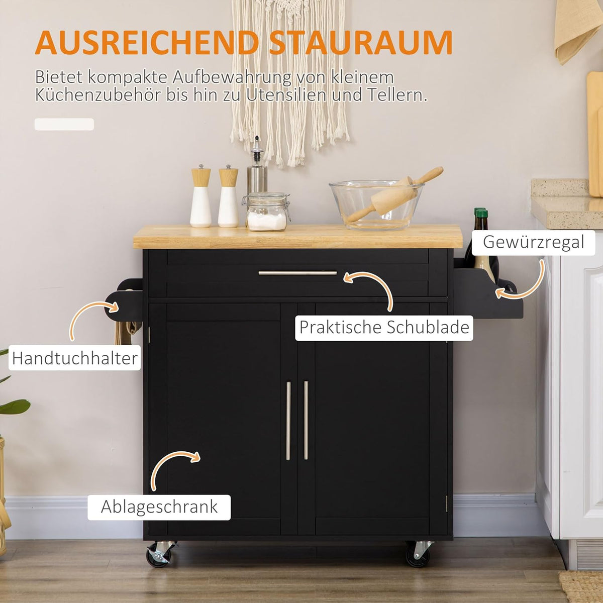 HOMCOM Küchenwagen Servierwagen mit Arbeitsplatte Küchentrolley mit Gewürzregal, Handtuchhalter für Wohnzimmer Esszimmer Schwarz 109 x 40 x 89 cm - QUORE