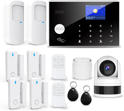 Draadloos thuisalarmsysteem, 6 stuks GSM SMS 2G WiFi compleet anti-diefstalalarmsysteem, sirene alarm met PIR, deurraamsensor, camera, afstandsbediening voor woning, gar