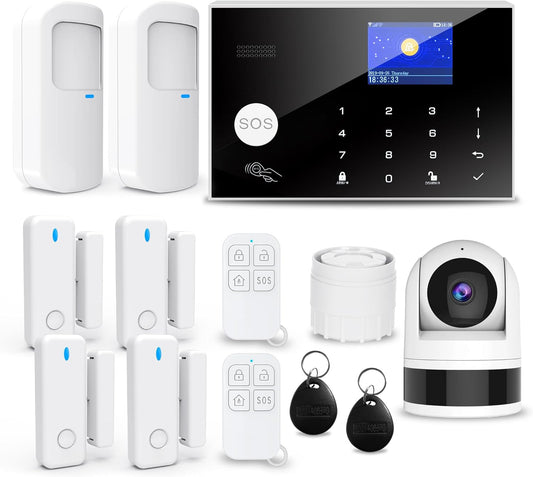 Draadloos thuisalarmsysteem, 6 stuks GSM SMS 2G WiFi compleet anti-diefstalalarmsysteem, sirene alarm met PIR, deurraamsensor, camera, afstandsbediening voor woning, gar