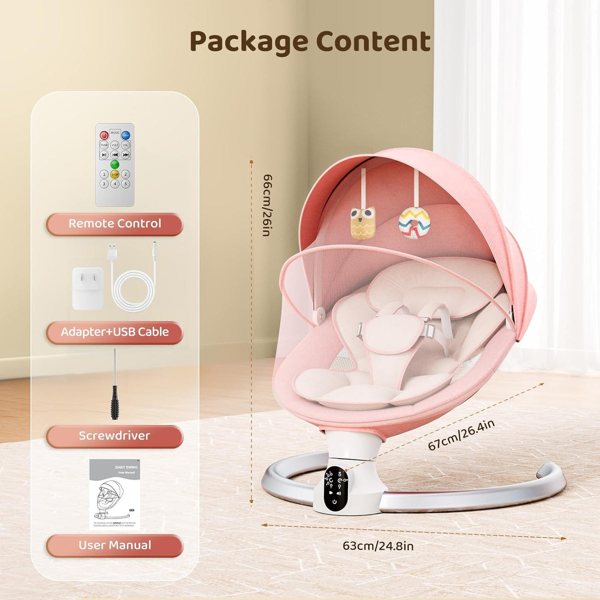 Electric Baby Rocker 0-9 kg Swing with Remote Control and Bluetooth, 5 Swing Widths and 5-Point Safety Belt, Insect Net (Pink) - QUORE