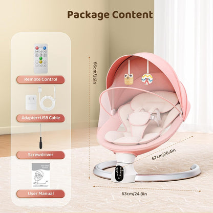 Electric Baby Rocker 0-9 kg Swing with Remote Control and Bluetooth, 5 Swing Widths and 5-Point Safety Belt, Insect Net (Pink) - QUORE