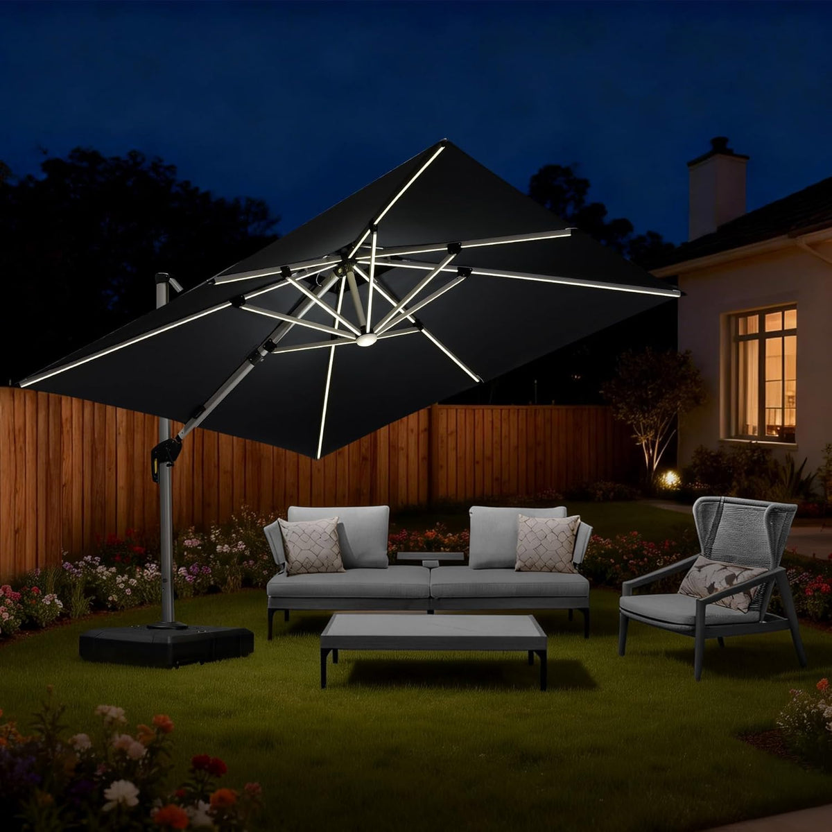 PURPLE LEAF Parasol met ledverlichting, zonnescherm, 300 x 300 cm, marktscherm, groot, 360 graden rotatie, tuinscherm met zwengel, balkonscherm, XXL, zonwering UV50+, grijs