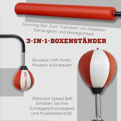 Boksstandaard – Bokszak – Speedball Trainer – Boksapparaat – Kickkussen – Verstelbare Hoogte 140-205 cm – 12 Zuignappen Voor Stevige Grip - QUORE