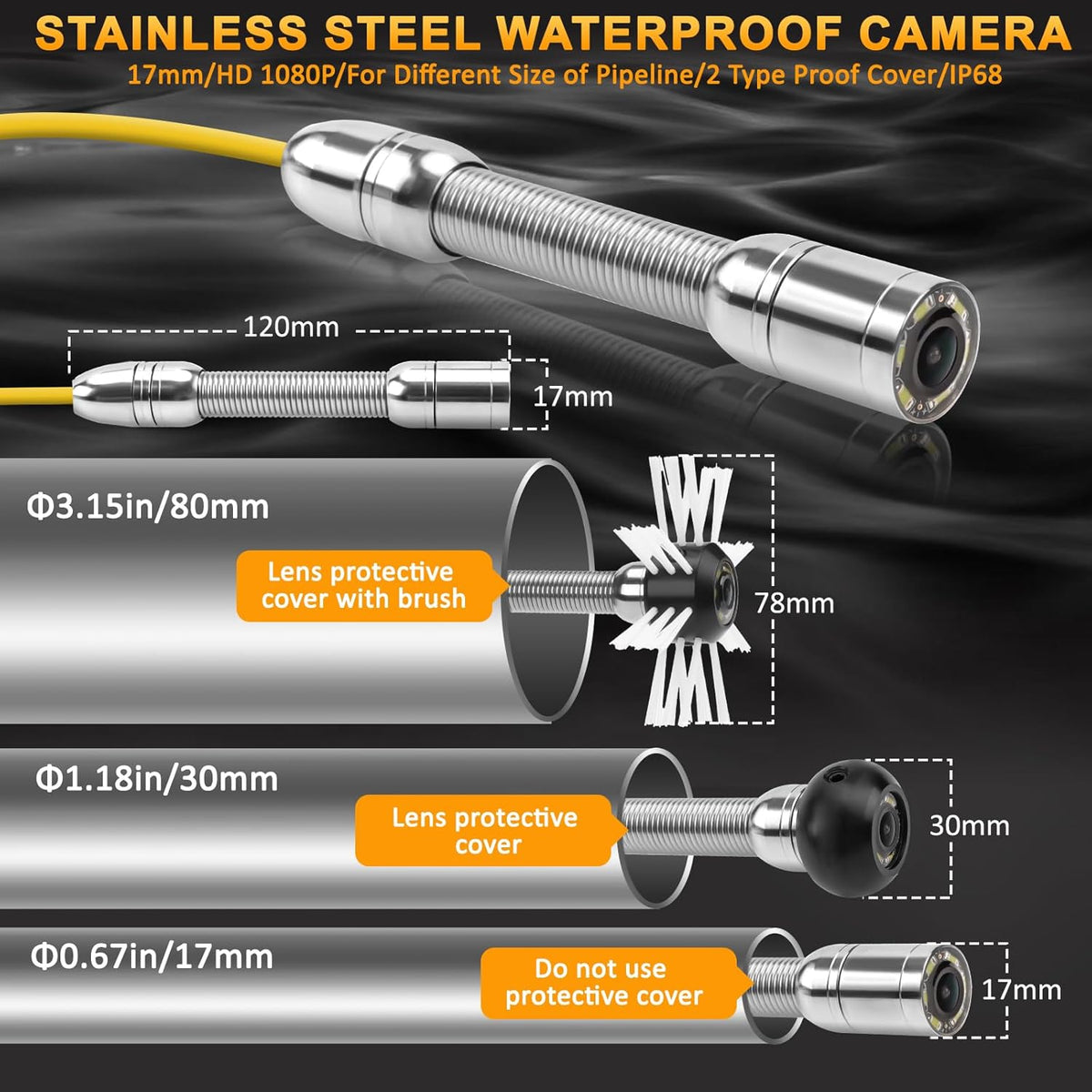KAOLALI Buiscamera 50 m met licht, 9 inch kanalisatiecamera, 1080p HD endoscoop, inspectiecamera, DVR-recorder, kanaalcamera, IP68 waterdicht, met 6 ledlampen, voor loodgieter, 32 GB TF-kaart