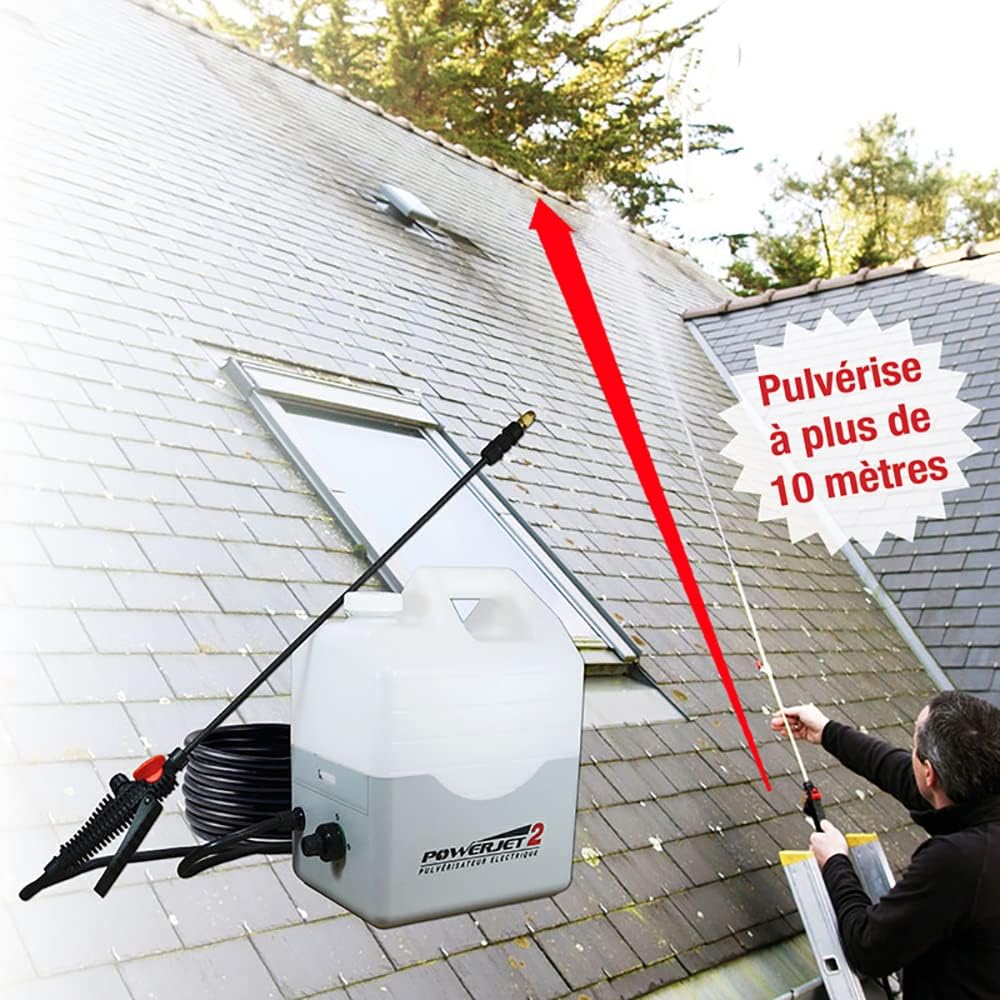 Multirex PowerJet 2 elektrische sproeier 12 V, bereik 10 m, looptijd 5 uur, pomp 5,5 bar met drukschakelaar, carbon lans 1,5 m, 7 sproeiers, externe afzuiging, ontschuimen daken gevels