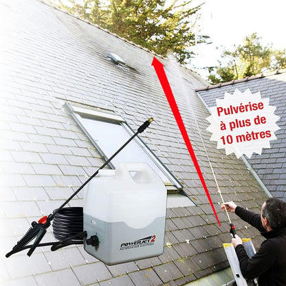 Multirex PowerJet 2 elektrische sproeier 12 V, bereik 10 m, looptijd 5 uur, pomp 5,5 bar met drukschakelaar, carbon lans 1,5 m, 7 sproeiers, externe afzuiging, ontschuimen daken gevels