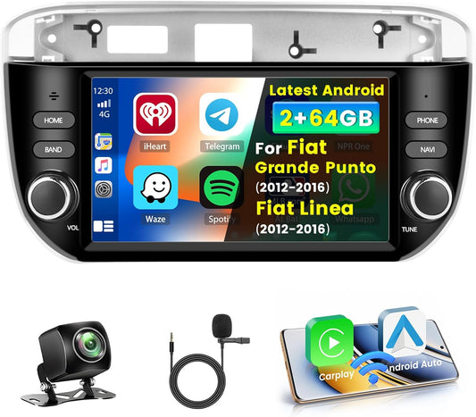 2+64G Stereo voor Fiat Grande Punto 2012-2016/Fiat Line 20 Android met Wireless CarPlay Android Auto, 7 Inch Autoradio Soporta Bluetooth WIFI FM DSP SWC AHD Achteruitkijkcamera