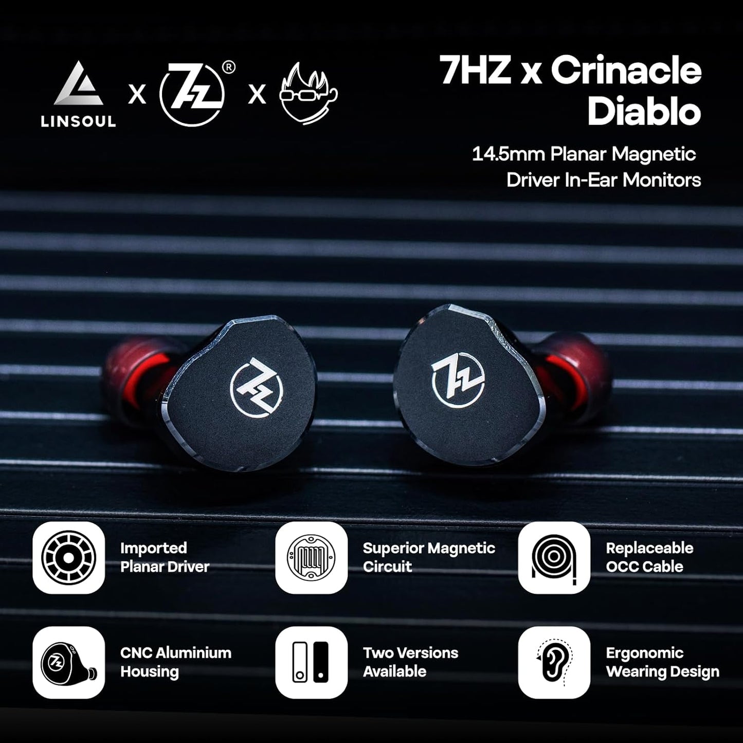 Linsoul 7Hz x Crinacle: Diablo/Divine In Ear Monitor,Hoofdtelefoon met 14,5 mm Planar Magnetische Drivers,IEM HiFi met Afneembare 2pin Monokristallijne Koperen Kabel voor Audiofielen (Diablo, Zwart)