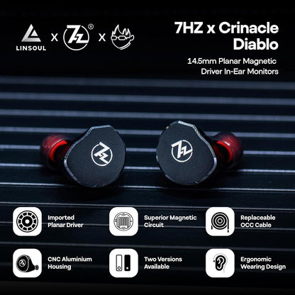 Linsoul 7Hz x Crinacle: Diablo/Divine In Ear Monitor,Hoofdtelefoon met 14,5 mm Planar Magnetische Drivers,IEM HiFi met Afneembare 2pin Monokristallijne Koperen Kabel voor Audiofielen (Diablo, Zwart)