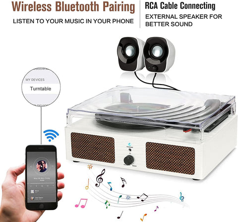 Platenspeler - Geïntegreerde Luidsprekers - Vintage Fonograaf - met Bluetooth-Riemaandrijving - 3 snelheden - voor Muziekgenot - Woondecoratie - Hout - Wit